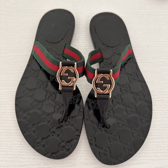 Gucci GG Black Thong Guccissima Sandals Logo Monogram Flip Flop Web Day 7.5 37.5 - Picture 1 of 10